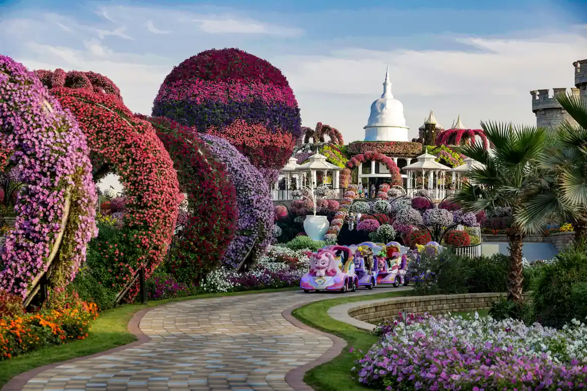 Sunset view of the Dubai Miracle Garden, featuring the giant floral Emirates A380 structure and heart-shaped arches, a colorful stop for a 7 days in Dubai itinerary